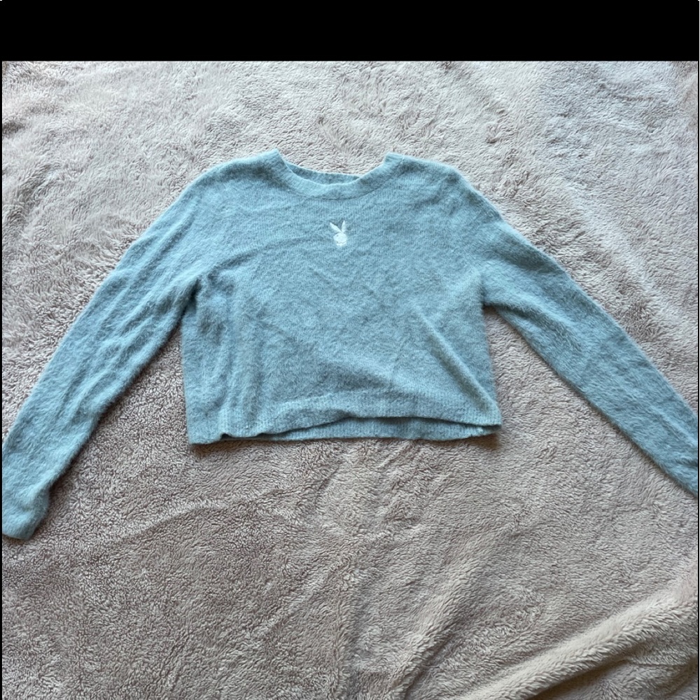 Blue fuzzy playboy crop top